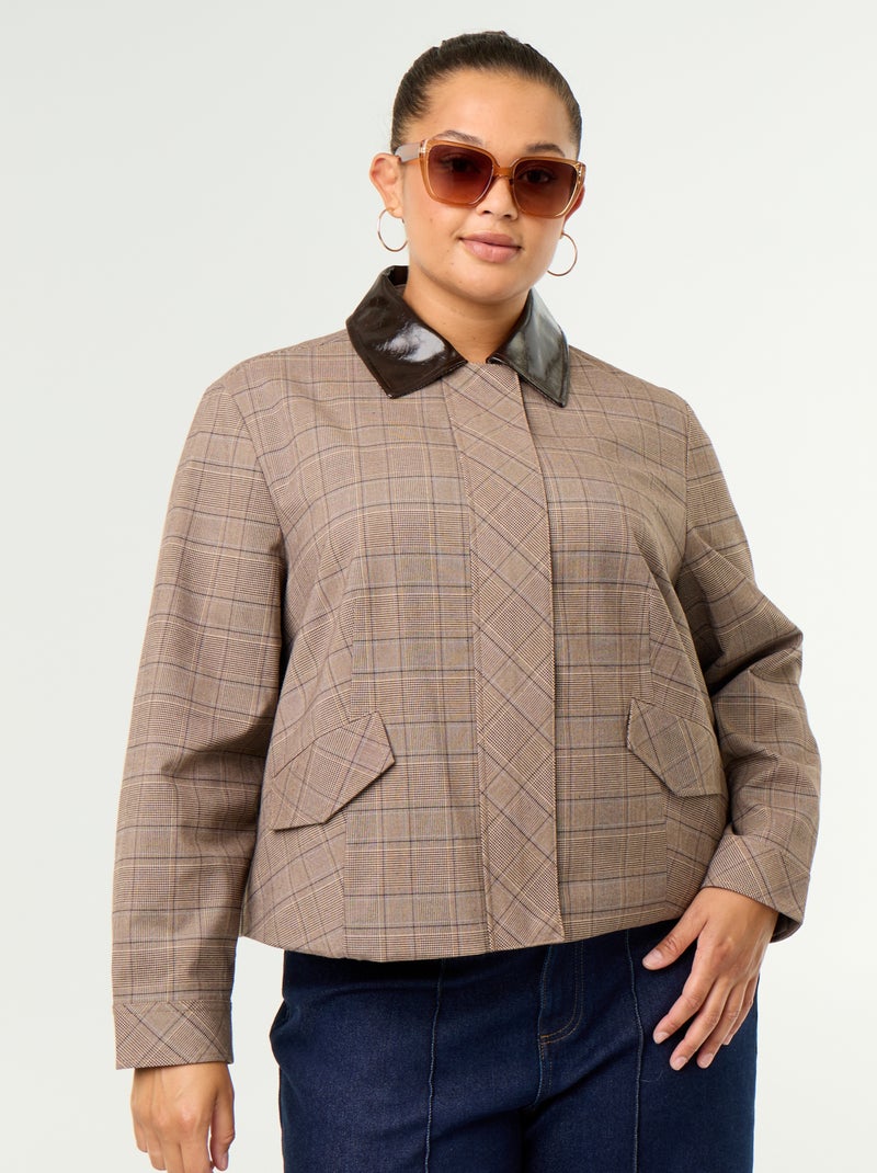 Geruite jas met vinylkraag Beige - Kiabi