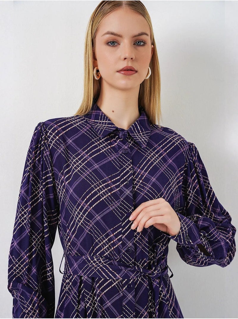 Geruite midi blousejurk met knoopsluiting bdart Auberginepaars - Kiabi