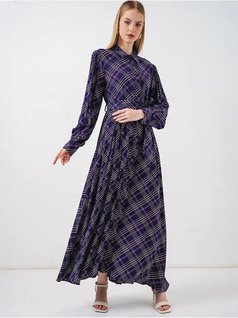 Geruite midi blousejurk met knoopsluiting bdart Auberginepaars - Kiabi