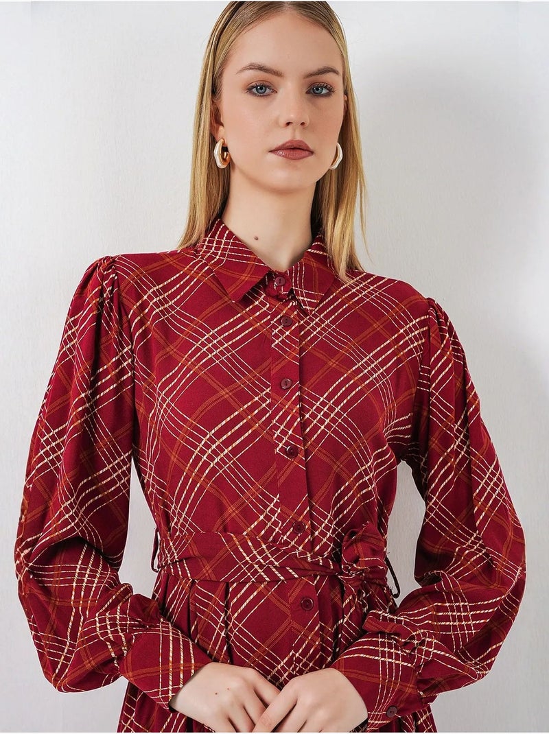 Geruite midi blousejurk met knoopsluiting bdart Bordeauxrood - Kiabi