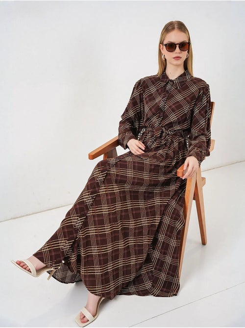 Geruite midi blousejurk met knoopsluiting bdart - Kiabi