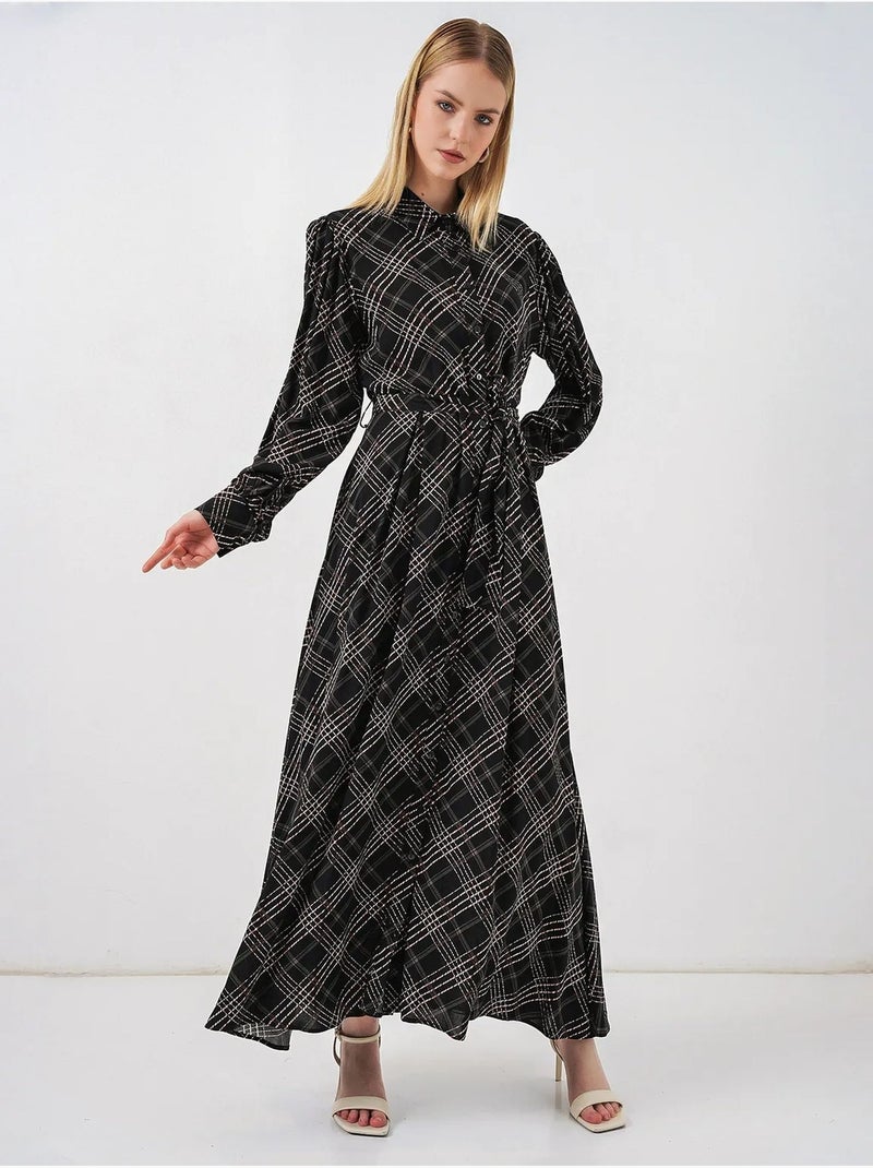 Geruite midi blousejurk met knoopsluiting bdart Grijs Zwart - Kiabi