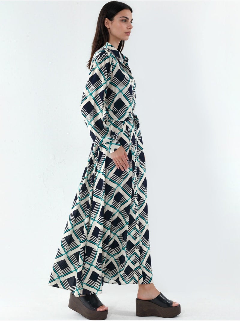 Geruite midi blousejurk met knoopsluiting bdart Lagonblauw - Kiabi