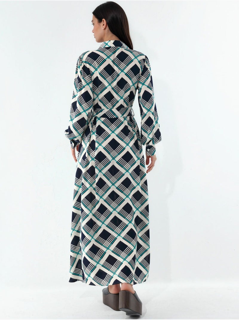 Geruite midi blousejurk met knoopsluiting bdart Lagonblauw - Kiabi