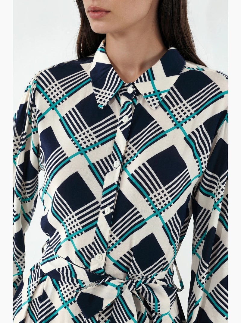 Geruite midi blousejurk met knoopsluiting bdart Lagonblauw - Kiabi