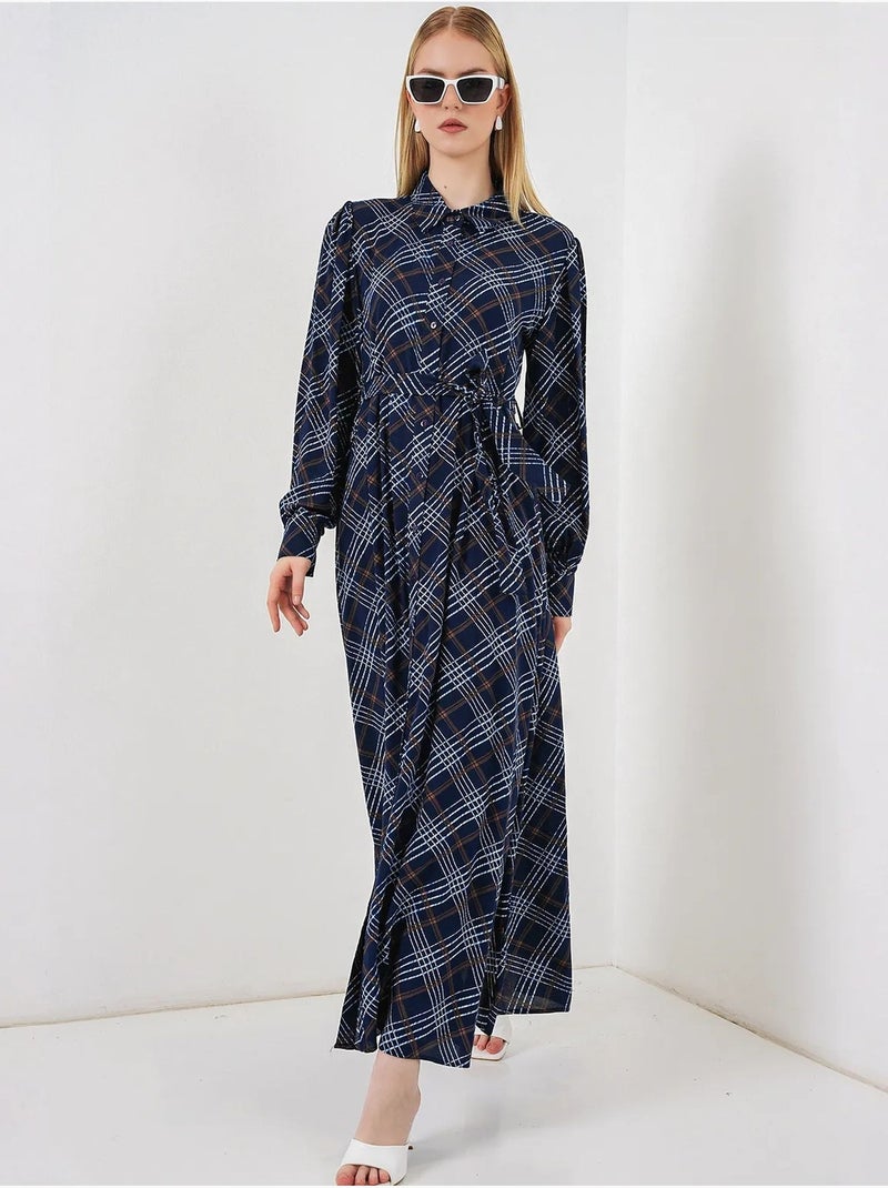 Geruite midi blousejurk met knoopsluiting bdart Marineblauw - Kiabi