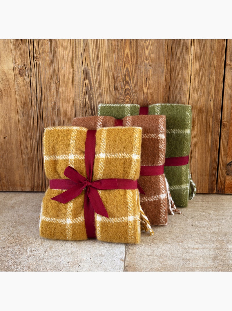 Geruite plaid met mohair-look en franjes Geel - Kiabi