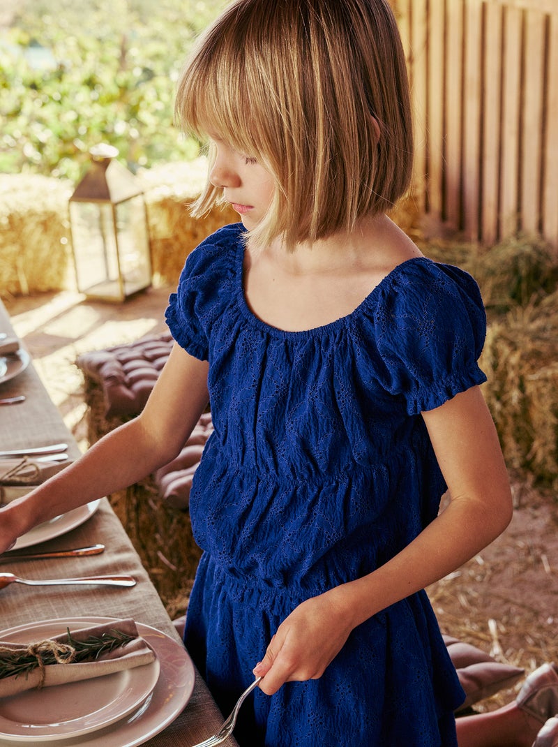 Gesmockt T-shirt met broderie anglaise Blauw - Kiabi