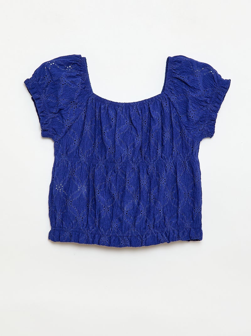 Gesmockt T-shirt met broderie anglaise Blauw - Kiabi