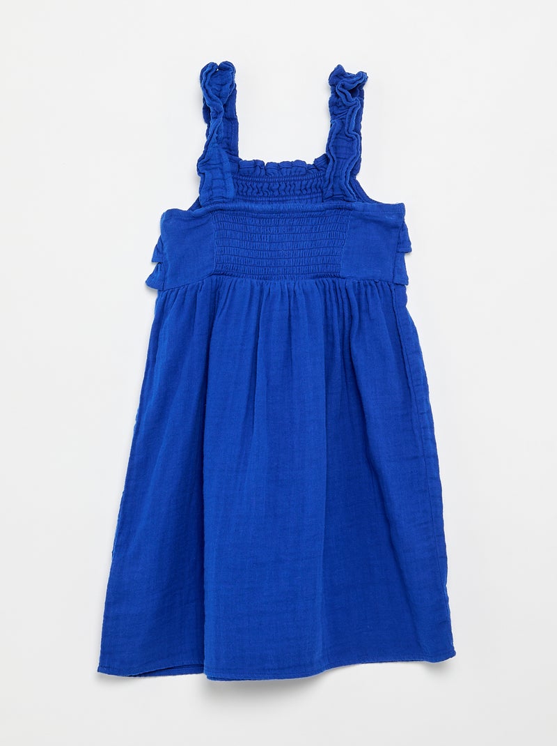 Gesmokte jurk met ruches en bandjes Blauw - Kiabi