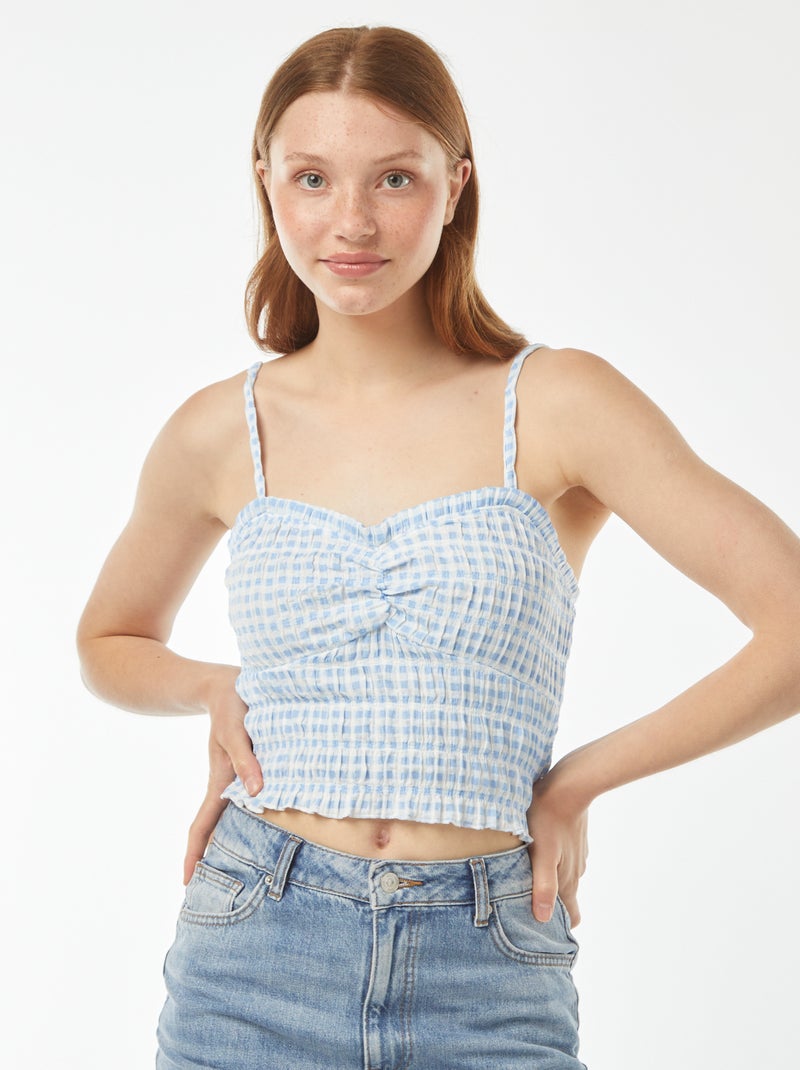 Gesmokte top met bandjes en vichyruitjes Blauw - Kiabi