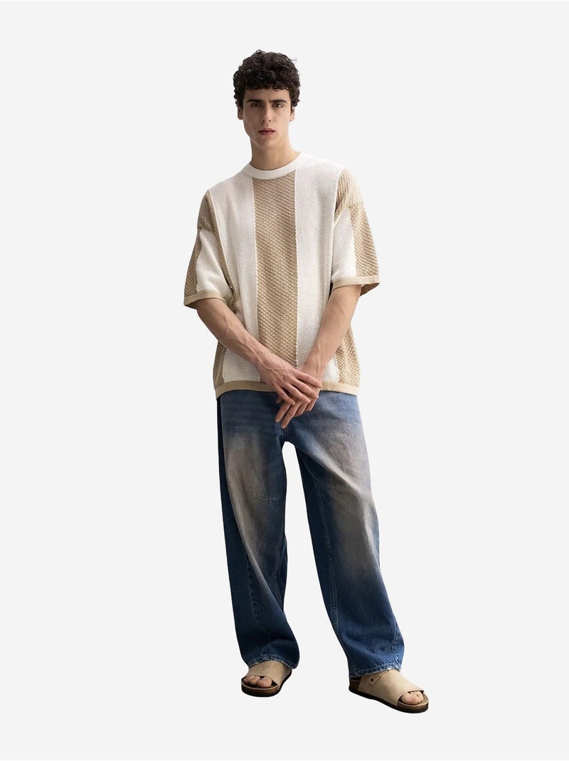 Gestreept gebreid t-shirt met ronde hals giesto Klei-beige - Kiabi