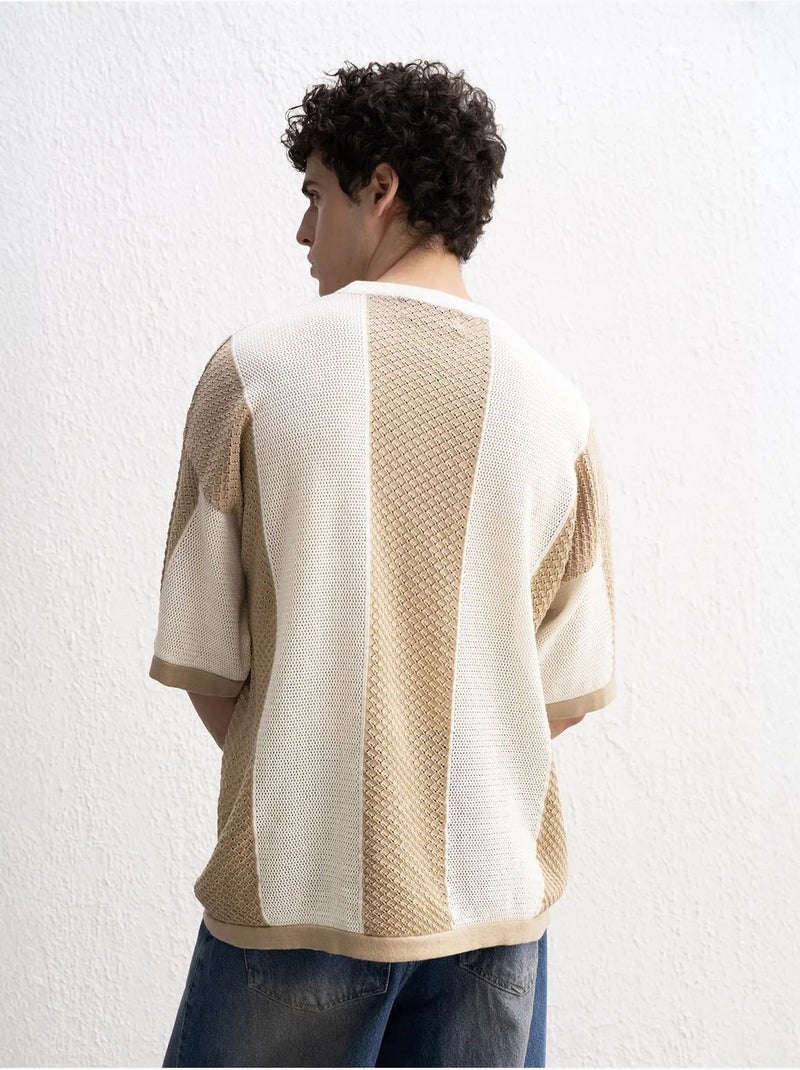 Gestreept gebreid t-shirt met ronde hals giesto Klei-beige - Kiabi