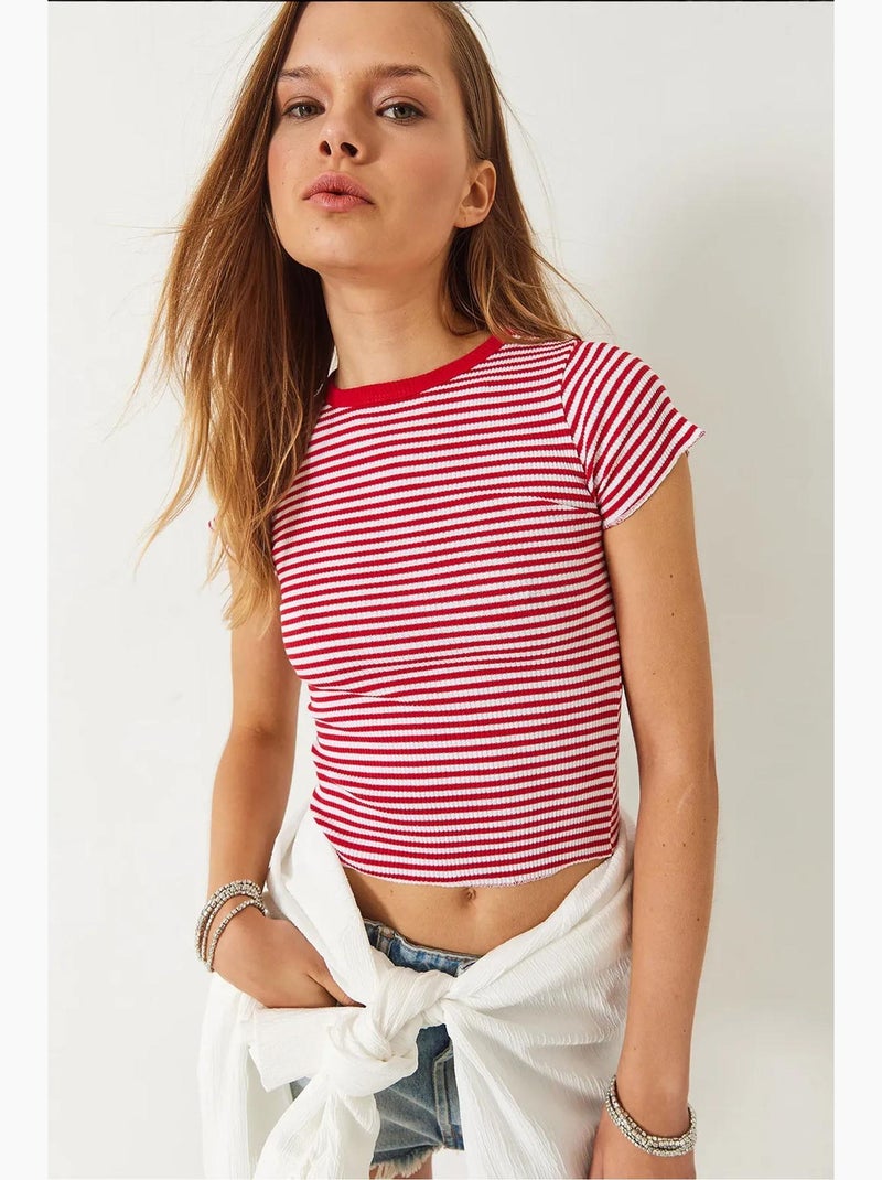 Gestreept geribbeld basic t-shirt lucci Rood - Kiabi