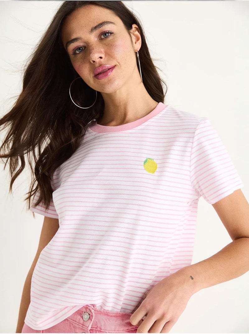 Gestreept katoenen basic t-shirt met citroenborduursel lucci Fluorroze/Solinotes - Kiabi