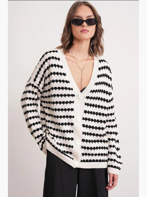 Gestreept oversized geribd gebreid vest met knopen mixray - Kiabi