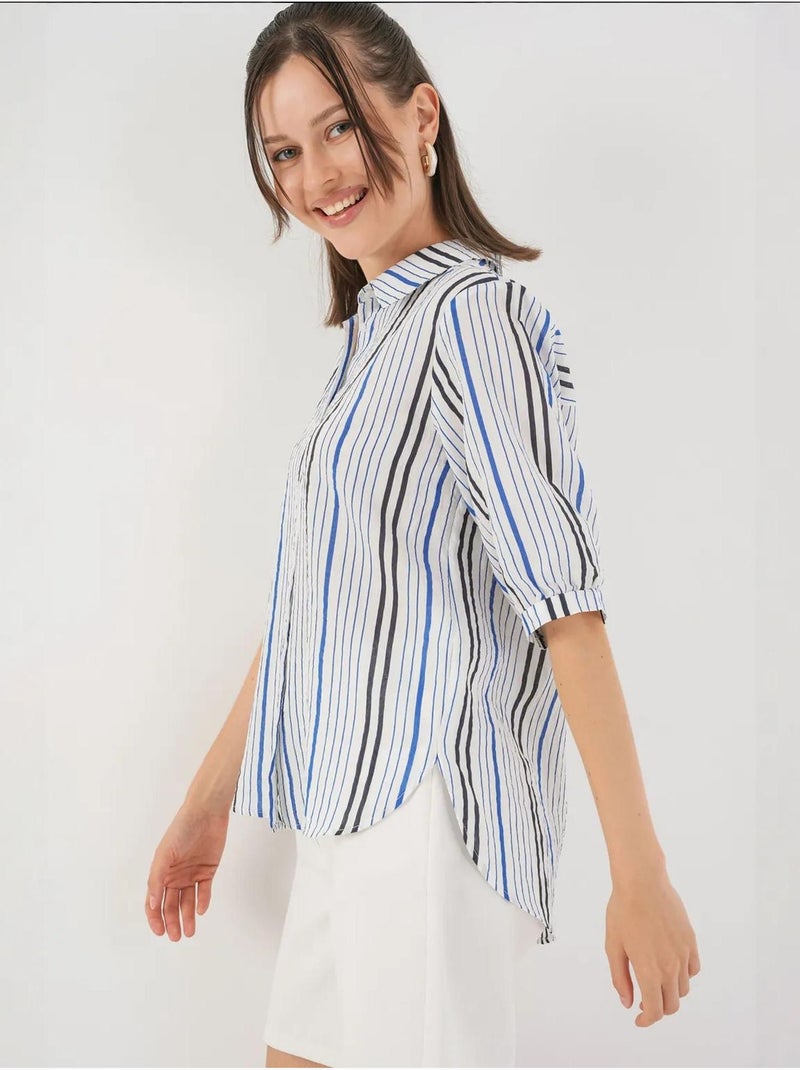 Gestreept poplin overhemd bdart Marineblauw - Kiabi