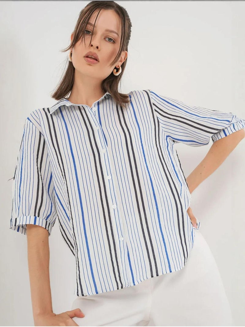 Gestreept poplin overhemd bdart Marineblauw - Kiabi