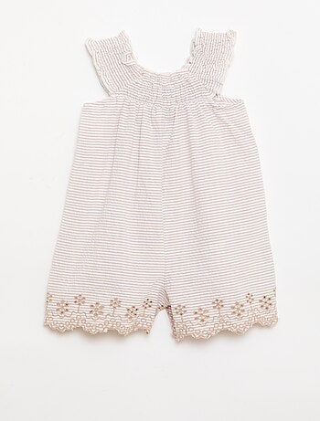 Gestreept seersucker playsuit met smockwerk en borduursels