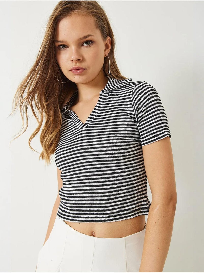 Gestreept slim-fit crop t-shirt lucci Zwart - Kiabi