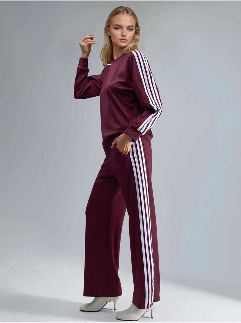Gestreept sweatshirt met ronde hals en bijpassende rechte broek hiccup Bordeauxrood - Kiabi