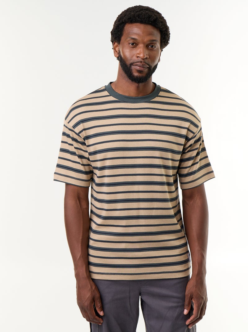 Gestreept T-shirt met korte mouwen Biege - Kiabi