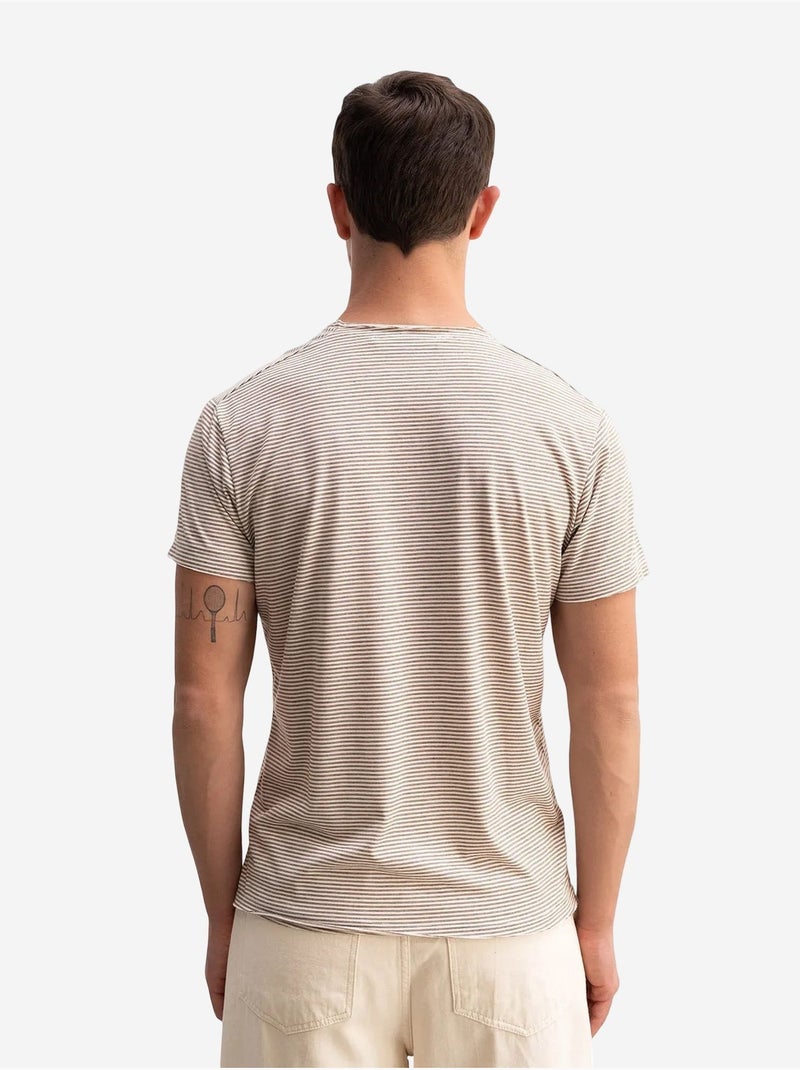Gestreept t-shirt met ronde hals en borduursel giesto Lichtbruin - Kiabi