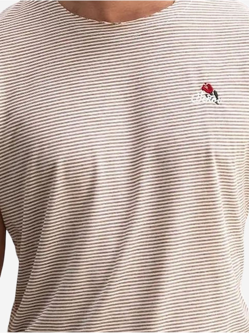 Gestreept t-shirt met ronde hals en borduursel giesto Lichtbruin - Kiabi