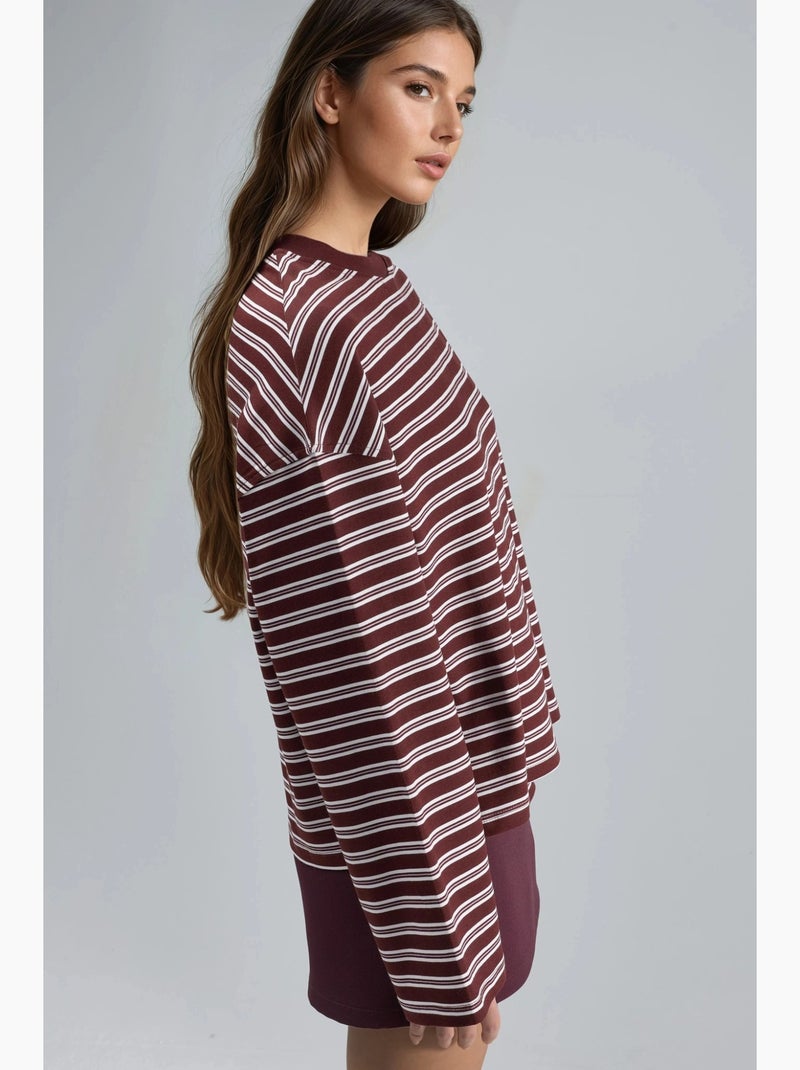 Gestreept t-shirt met ronde hals en lange mouwen busem Bordeauxrood - Kiabi