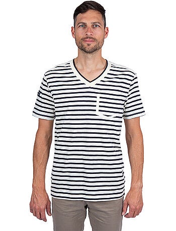 Gestreept T-shirt met V-hals voor heren 'Breizh Océan', lichtgewicht katoenen T-shirt