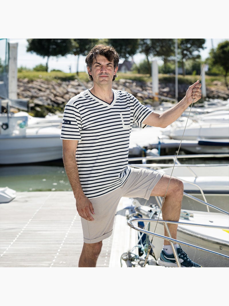 Gestreept T-shirt met V-hals voor heren 'Breizh Océan', lichtgewicht katoenen T-shirt Ecru/Marineblauw - Kiabi
