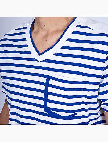 Gestreept T-shirt met V-hals voor heren 'Breizh Océan', lichtgewicht katoenen T-shirt
