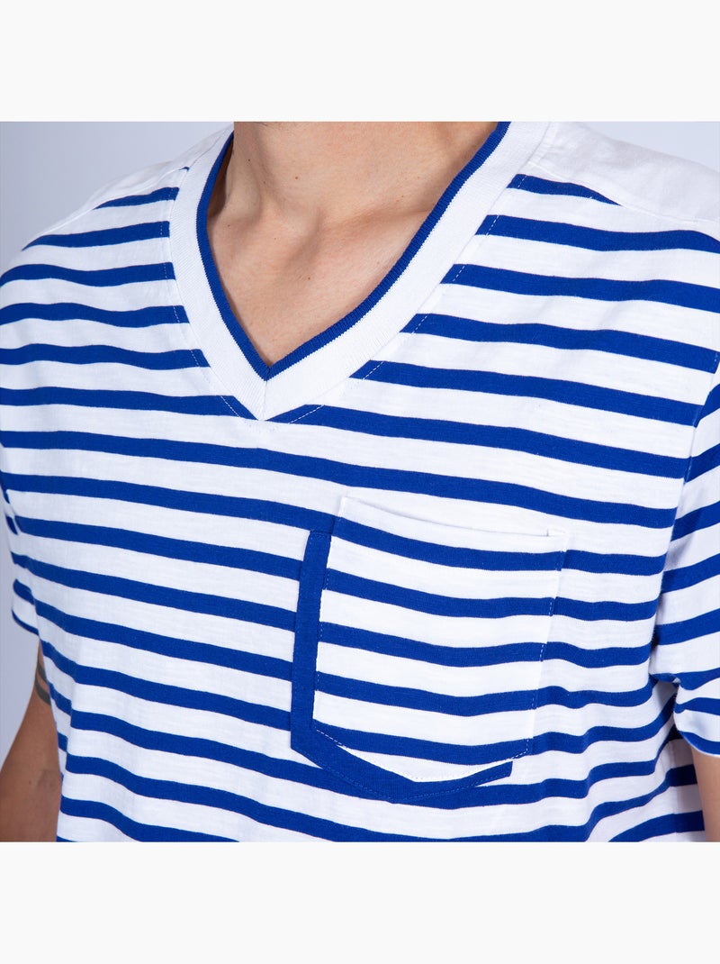 Gestreept T-shirt met V-hals voor heren 'Breizh Océan', lichtgewicht katoenen T-shirt Wit/Hemelsblauw - Kiabi
