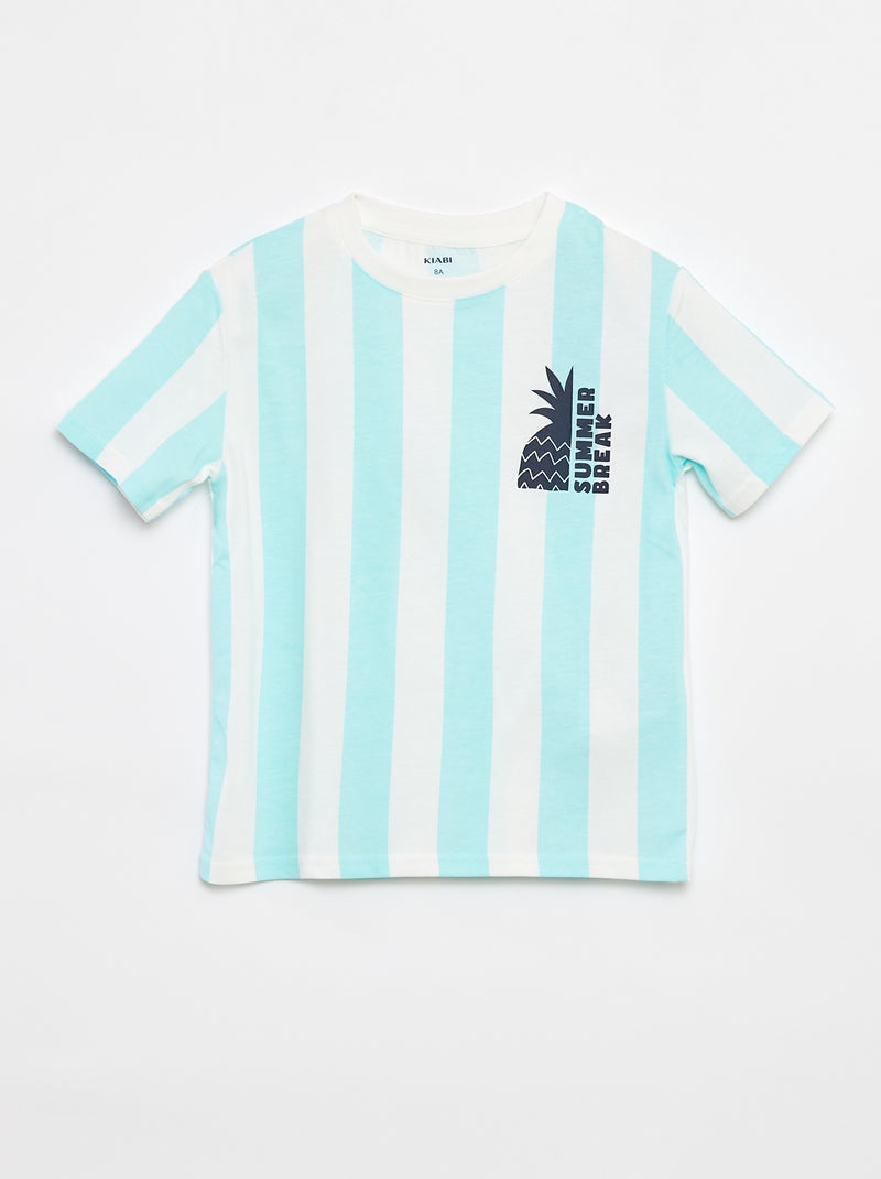 Gestreept T-shrit met korte mouwen en 'summer'-print BLAUW - Kiabi