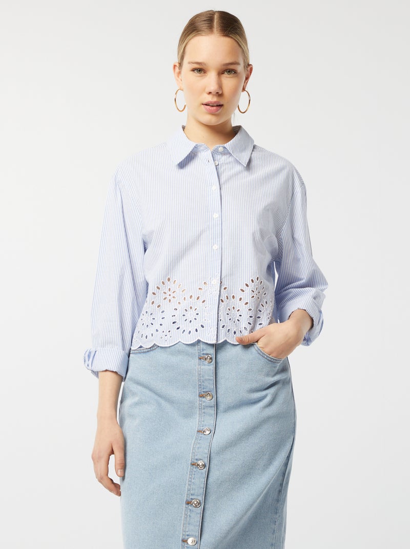 Gestreepte blouse met borduursel BLAUW - Kiabi