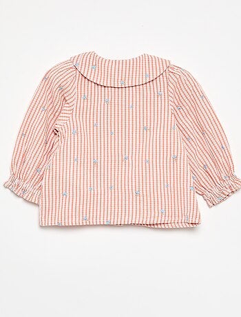 Gestreepte blouse met lange mouwen en all-over geborduurde bloemen