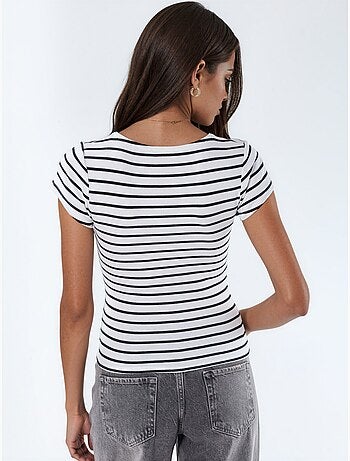 Gestreepte blouse van katoenmix met v-hals busem