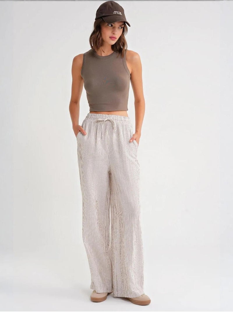 Gestreepte broek met hoge taille en trekkoord mixray Lichtbruin - Kiabi
