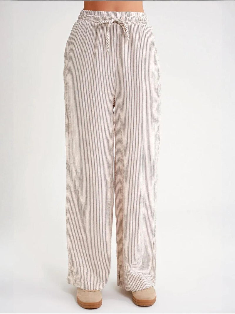 Gestreepte broek met hoge taille en trekkoord mixray Lichtbruin - Kiabi