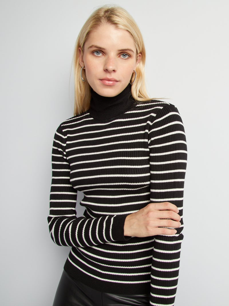 Gestreepte coltrui van ribtricot ZWART - Kiabi