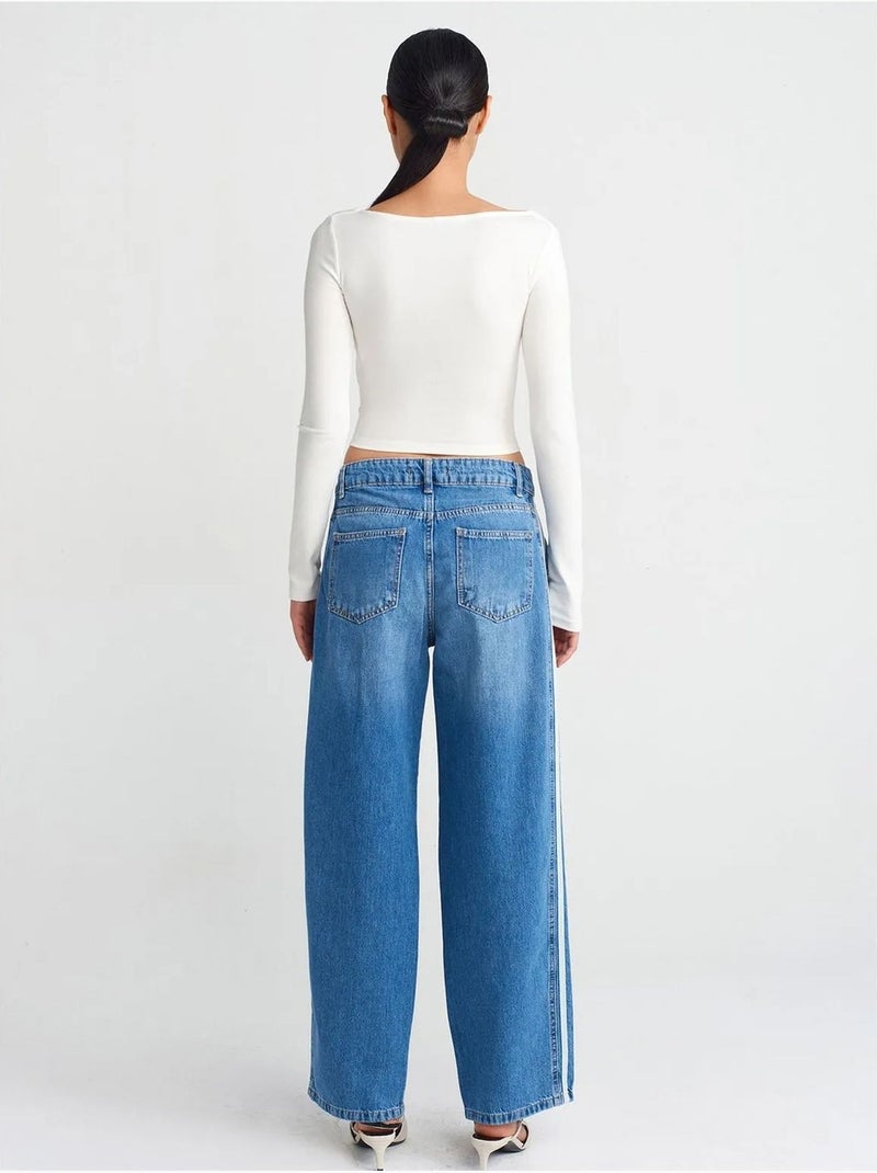 Gestreepte denim jeans met hoge taille en wijde pijp dilvin Saffierblauw - Kiabi