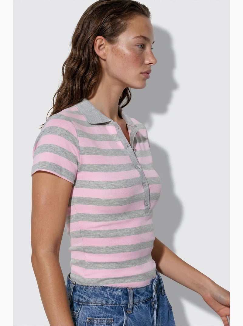 Gestreepte geribde poloblouse busem Rozegrijs - Kiabi