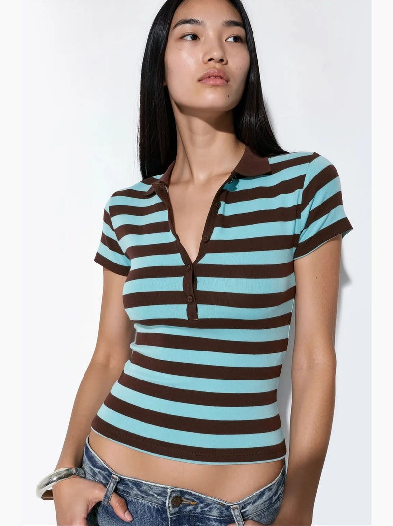Gestreepte geribde poloblouse busem Zwart Blauw - Kiabi