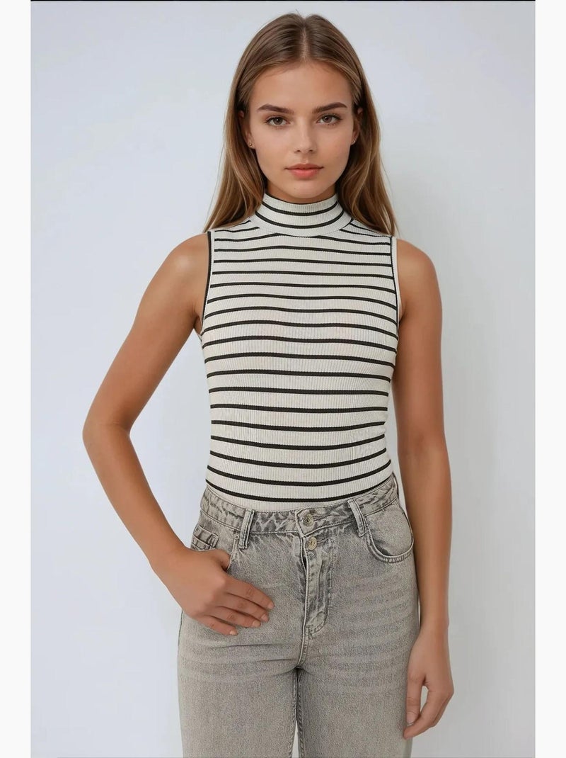 Gestreepte geribde tanktop met halve col hiccup Wit - Kiabi