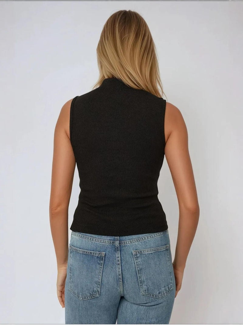 Gestreepte geribde tanktop met halve col hiccup Zwart - Kiabi