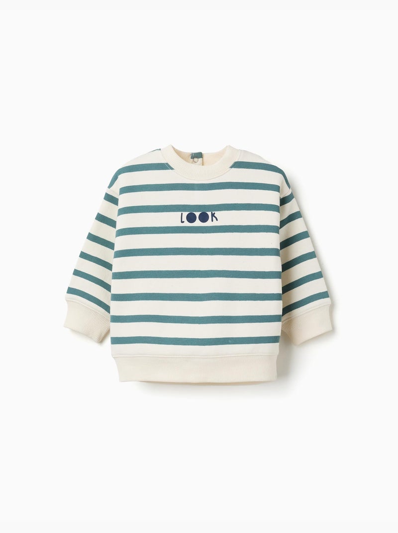 Gestreepte geruwde sweatshirt met print Lichtgroen - Kiabi