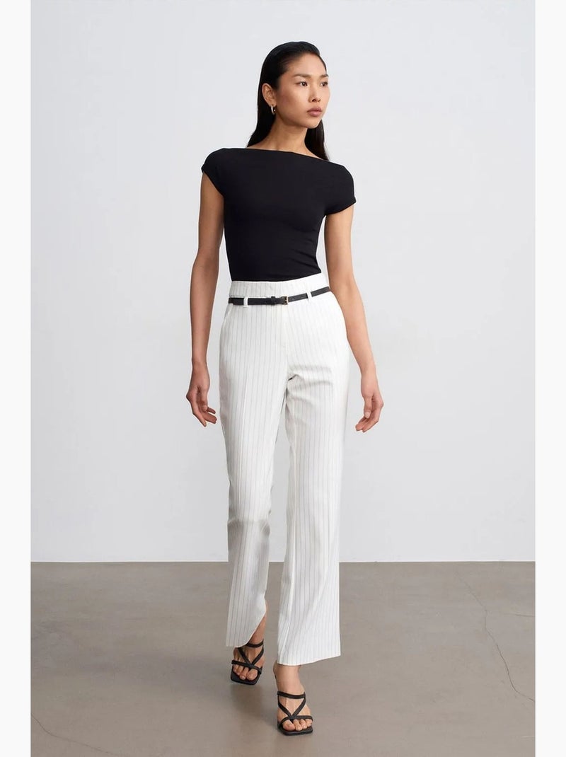 Gestreepte high-waist flared broek met riem dilvin Wit - Kiabi