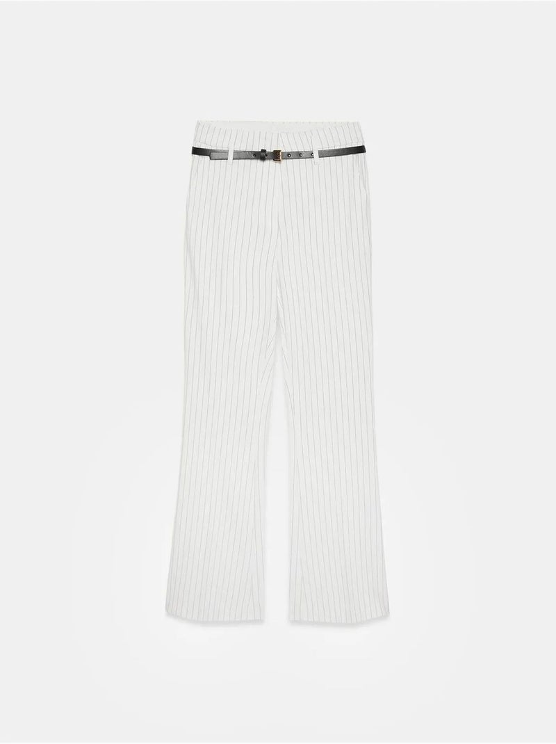 Gestreepte high-waist flared broek met riem dilvin Wit - Kiabi
