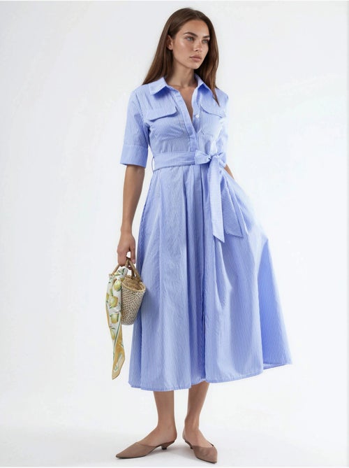 Gestreepte midi blousejurk met ceintuur busem - Kiabi Gestreepte midi blousejurk met ceintuur busem - Kiabi
