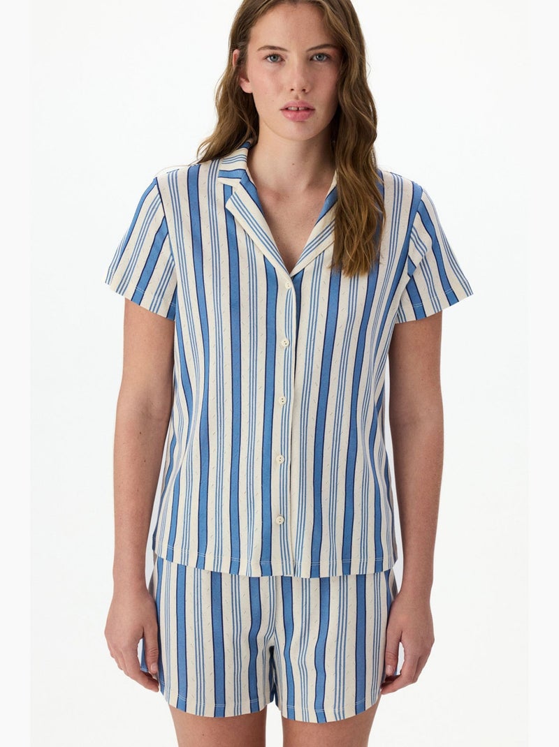 Gestreepte pointelle pyjamaset met kortemouwshirt en short penti Wit Blauw - Kiabi